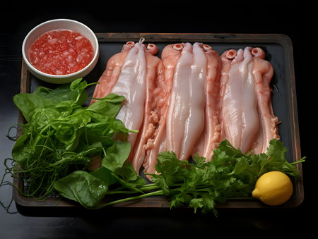 Seafood platterÂ and fish fillet, salmon fillet, tuna fillet, octopus and squid, crab, grilled sea food, sea food and fish fillet for diet and nutrition, ai generated photoの素材