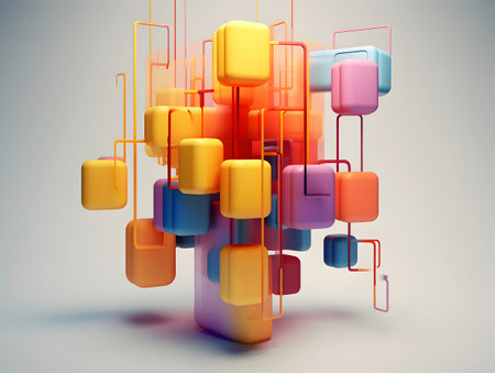 A Mesmerizing 3D Abstract Multicolor Visualization, colorful 3D abstract background design, Minimalistic pattern of simple shapes. Bright creative symmetric texture, ai generatedの素材