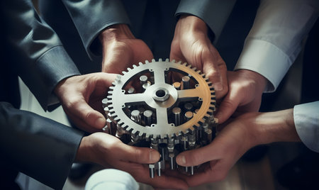 Business People holding Gears and Teamwork Concept, Business team connect pieces of gears. Teamwork, partnership and integration concept, ai generated photoの素材