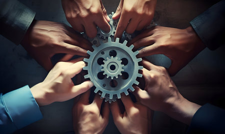 Business People holding Gears and Teamwork Concept, Business team connect pieces of gears. Teamwork, partnership and integration concept, ai generated photoの素材