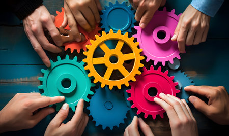 Business People holding Gears and Teamwork Concept, Business team connect pieces of gears. Teamwork, partnership and integration concept, ai generated photoの素材