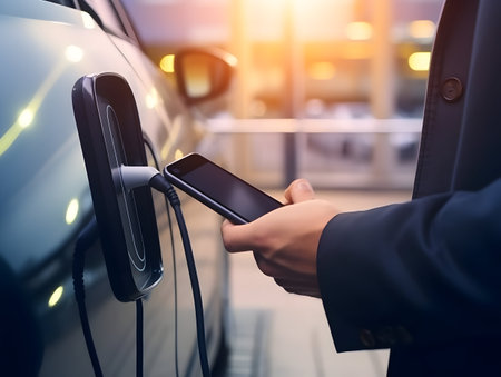 charging EV car electric vehicle clean energy for driving future, eco-friendly alternative energy concept, futuristic hybrid vehicle charge battery electric on station, ai generateの素材