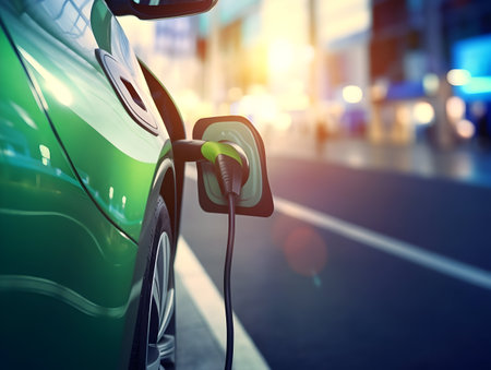 charging EV car electric vehicle clean energy for driving future, eco-friendly alternative energy concept, futuristic hybrid vehicle charge battery electric on station, ai generateの素材