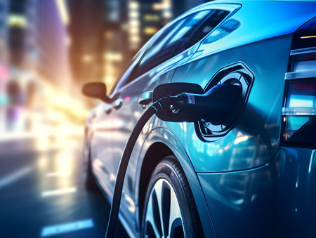 charging EV car electric vehicle clean energy for driving future, eco-friendly alternative energy concept, futuristic hybrid vehicle charge battery electric on station, ai generateの素材