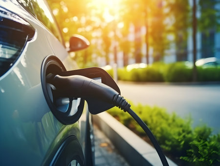 charging EV car electric vehicle clean energy for driving future, eco-friendly alternative energy concept, futuristic hybrid vehicle charge battery electric on station, ai generateの素材
