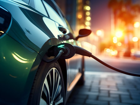 charging EV car electric vehicle clean energy for driving future, eco-friendly alternative energy concept, futuristic hybrid vehicle charge battery electric on station, ai generateの素材