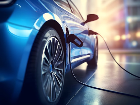charging EV car electric vehicle clean energy for driving future, eco-friendly alternative energy concept, futuristic hybrid vehicle charge battery electric on station, ai generateの素材