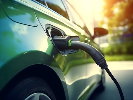 charging EV car electric vehicle clean energy for driving future, eco-friendly alternative energy concept, futuristic hybrid vehicle charge battery electric on station, ai generateの素材
