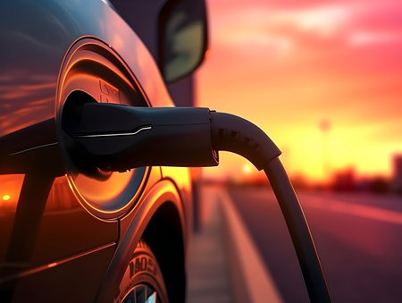 charging EV car electric vehicle clean energy for driving future, eco-friendly alternative energy concept, futuristic hybrid vehicle charge battery electric on station, ai generateの素材