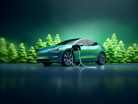charging EV car electric vehicle clean energy for driving future, eco-friendly alternative energy concept, futuristic hybrid vehicle charge battery electric on station, ai generateの素材