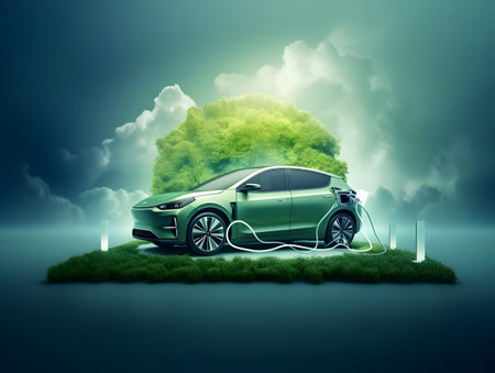 charging EV car electric vehicle clean energy for driving future, eco-friendly alternative energy concept, futuristic hybrid vehicle charge battery electric on station, ai generateの素材