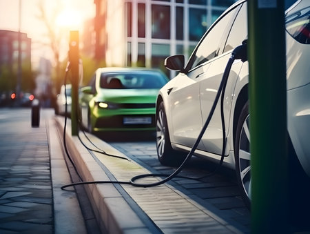 charging EV car electric vehicle clean energy for driving future, eco-friendly alternative energy concept, futuristic hybrid vehicle charge battery electric on station, ai generateの素材