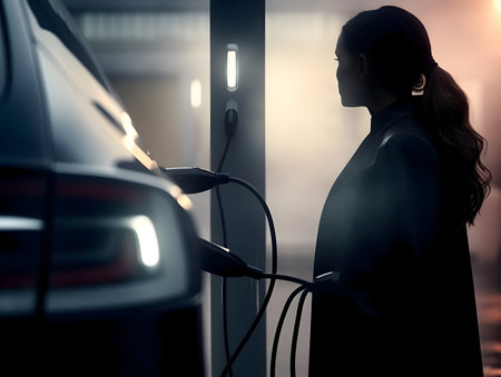 charging EV car electric vehicle clean energy for driving future, eco-friendly alternative energy concept, futuristic hybrid vehicle charge battery electric on station, ai generateの素材