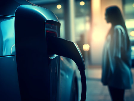 charging EV car electric vehicle clean energy for driving future, eco-friendly alternative energy concept, futuristic hybrid vehicle charge battery electric on station, ai generateの素材