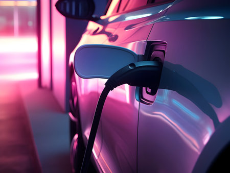 charging EV car electric vehicle clean energy for driving future, eco-friendly alternative energy concept, futuristic hybrid vehicle charge battery electric on station, ai generateの素材