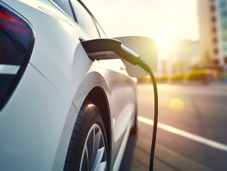 charging EV car electric vehicle clean energy for driving future, eco-friendly alternative energy concept, futuristic hybrid vehicle charge battery electric on station, ai generateの素材