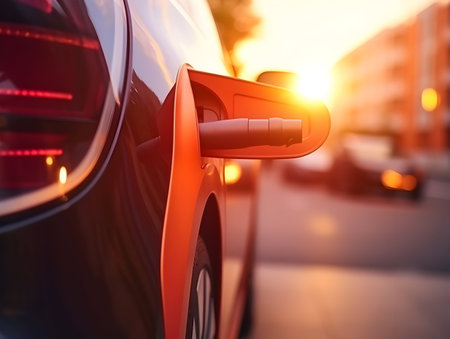 charging EV car electric vehicle clean energy for driving future, eco-friendly alternative energy concept, futuristic hybrid vehicle charge battery electric on station, ai generateの素材