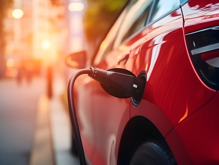 charging EV car electric vehicle clean energy for driving future, eco-friendly alternative energy concept, futuristic hybrid vehicle charge battery electric on station, ai generateの素材