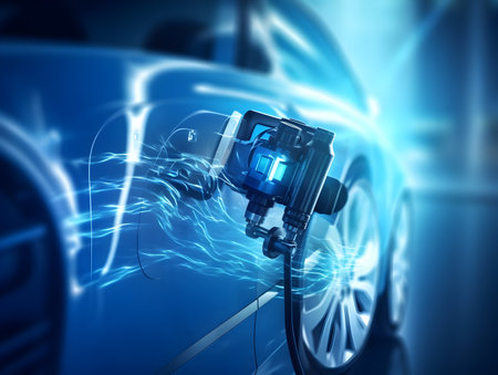 charging EV car electric vehicle clean energy for driving future, eco-friendly alternative energy concept, futuristic hybrid vehicle charge battery electric on station, ai generateの素材