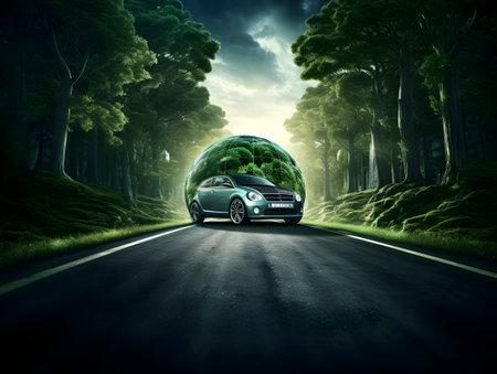 charging EV car electric vehicle clean energy for driving future, eco-friendly alternative energy concept, futuristic hybrid vehicle charge battery electric on station, ai generateの素材
