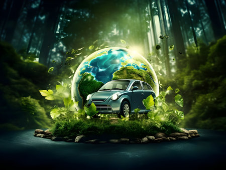 charging EV car electric vehicle clean energy for driving future, eco-friendly alternative energy concept, futuristic hybrid vehicle charge battery electric on station, ai generateの素材
