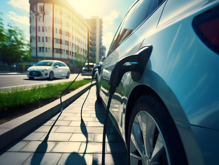 charging EV car electric vehicle clean energy for driving future, eco-friendly alternative energy concept, futuristic hybrid vehicle charge battery electric on station, ai generateの素材