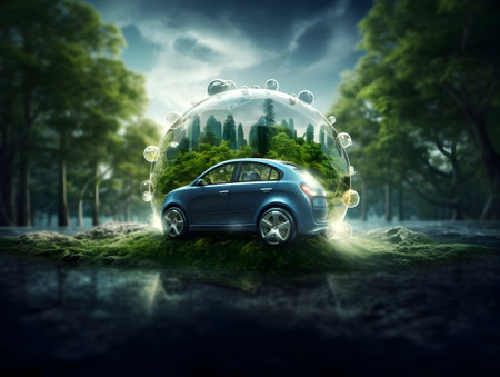 charging EV car electric vehicle clean energy for driving future, eco-friendly alternative energy concept, futuristic hybrid vehicle charge battery electric on station, ai generateの素材