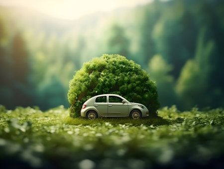 charging EV car electric vehicle clean energy for driving future, eco-friendly alternative energy concept, futuristic hybrid vehicle charge battery electric on station, ai generateの素材