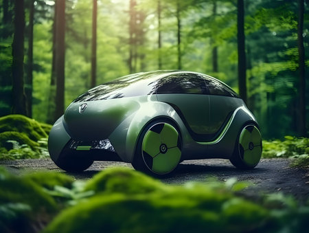 charging EV car electric vehicle clean energy for driving future, eco-friendly alternative energy concept, futuristic hybrid vehicle charge battery electric on station, ai generateの素材