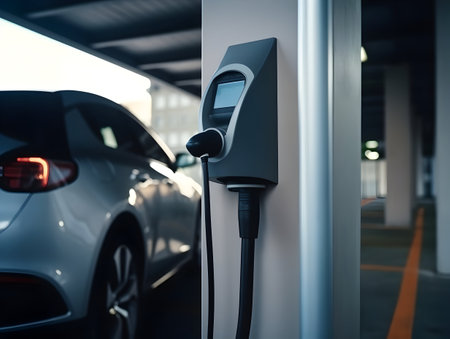 charging EV car electric vehicle clean energy for driving future, eco-friendly alternative energy concept, futuristic hybrid vehicle charge battery electric on station, ai generateの素材