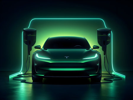 charging EV car electric vehicle clean energy for driving future, eco-friendly alternative energy concept, futuristic hybrid vehicle charge battery electric on station, ai generateの素材