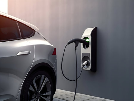 charging EV car electric vehicle clean energy for driving future, eco-friendly alternative energy concept, futuristic hybrid vehicle charge battery electric on station, ai generateの素材