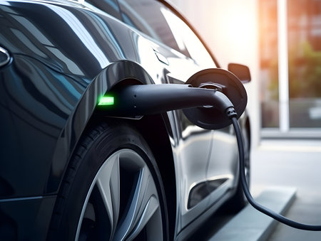 charging EV car electric vehicle clean energy for driving future, eco-friendly alternative energy concept, futuristic hybrid vehicle charge battery electric on station, ai generateの素材