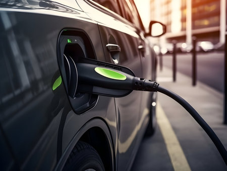 charging EV car electric vehicle clean energy for driving future, eco-friendly alternative energy concept, futuristic hybrid vehicle charge battery electric on station, ai generateの素材