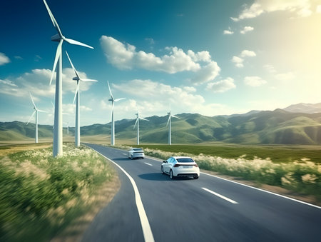 charging EV car electric vehicle clean energy for driving future, eco-friendly alternative energy concept, futuristic hybrid vehicle charge battery electric on station, ai generateの素材