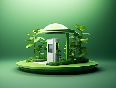 charging EV car electric vehicle clean energy for driving future, eco-friendly alternative energy concept, futuristic hybrid vehicle charge battery electric on station, ai generateの素材