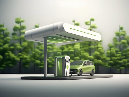 charging EV car electric vehicle clean energy for driving future, eco-friendly alternative energy concept, futuristic hybrid vehicle charge battery electric on station, ai generateの素材