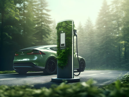 charging EV car electric vehicle clean energy for driving future, eco-friendly alternative energy concept, futuristic hybrid vehicle charge battery electric on station, ai generateの素材