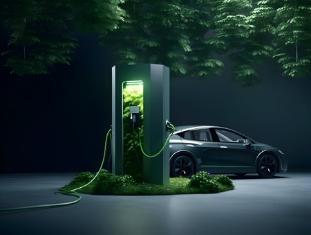 charging EV car electric vehicle clean energy for driving future, eco-friendly alternative energy concept, futuristic hybrid vehicle charge battery electric on station, ai generateの素材
