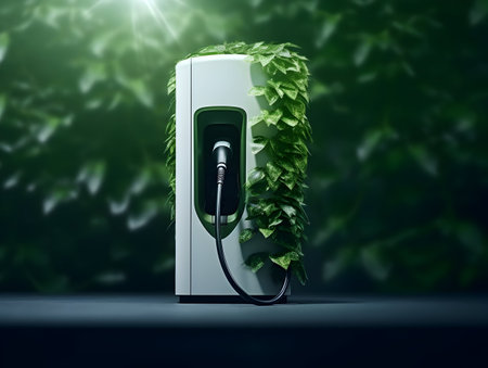 charging EV car electric vehicle clean energy for driving future, eco-friendly alternative energy concept, futuristic hybrid vehicle charge battery electric on station, ai generateの素材