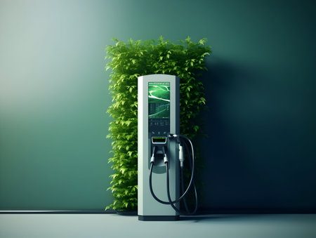 charging EV car electric vehicle clean energy for driving future, eco-friendly alternative energy concept, futuristic hybrid vehicle charge battery electric on station, ai generateの素材