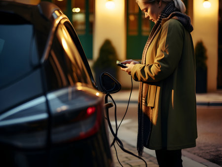 charging EV car electric vehicle clean energy for driving future, eco-friendly alternative energy concept, futuristic hybrid vehicle charge battery electric on station, ai generateの素材