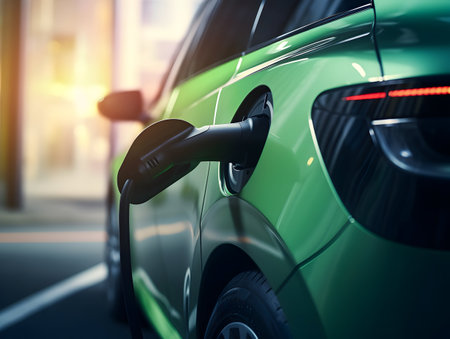 charging EV car electric vehicle clean energy for driving future, eco-friendly alternative energy concept, futuristic hybrid vehicle charge battery electric on station, ai generateの素材