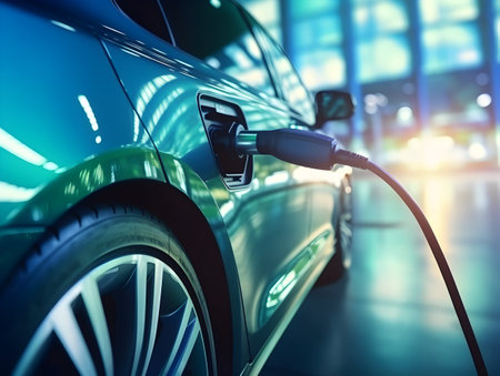 charging EV car electric vehicle clean energy for driving future, eco-friendly alternative energy concept, futuristic hybrid vehicle charge battery electric on station, ai generateの素材