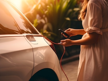 charging EV car electric vehicle clean energy for driving future, eco-friendly alternative energy concept, futuristic hybrid vehicle charge battery electric on station, ai generateの素材