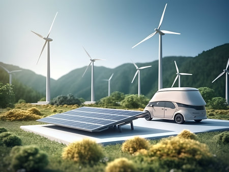 charging EV car electric vehicle clean energy for driving future, eco-friendly alternative energy concept, futuristic hybrid vehicle charge battery electric on station, ai generateの素材
