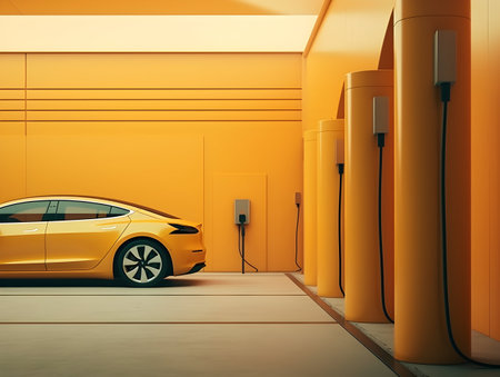 charging EV car electric vehicle clean energy for driving future, eco-friendly alternative energy concept, futuristic hybrid vehicle charge battery electric on station, ai generateの素材