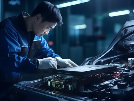 Technician checking and repairing battery cell of electrical vehicle, eco-friendly alternative energy concept, futuristic hybrid vehicle charge battery electric on stationの素材