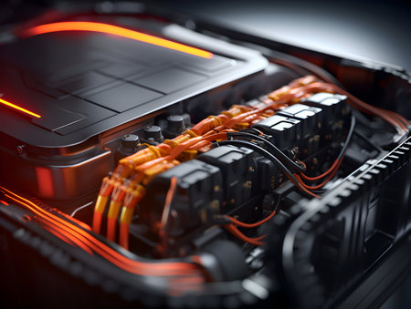 Technician checking and repairing battery cell of electrical vehicle, eco-friendly alternative energy concept, futuristic hybrid vehicle charge battery electric on stationの素材