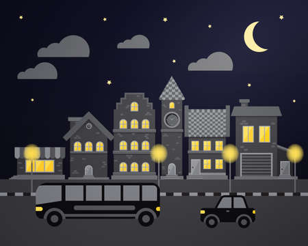 Flat city night with cars and housesのイラスト素材
